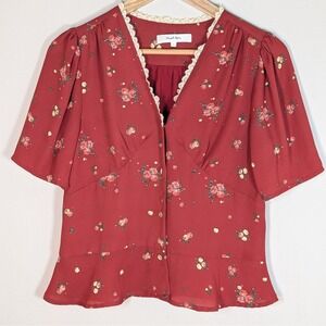 Simple Retro Red Floral Lace Trim V-Neck Button Front Blouse Size L Cottage Core
